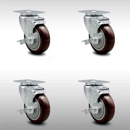 Service Caster 4 Inch SS Maroon Polyurethane Swivel Top Plate Caster Set with Brake SCC SCC-SS20S414-PPUB-MRN-TLB-4